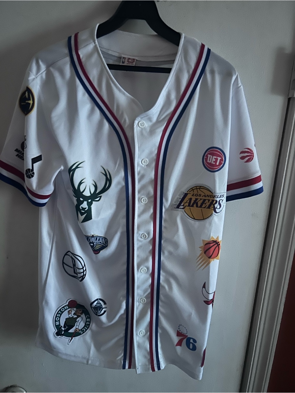 White Multi-Logo Baseball Jersey Shirt with Red & Blue Trim